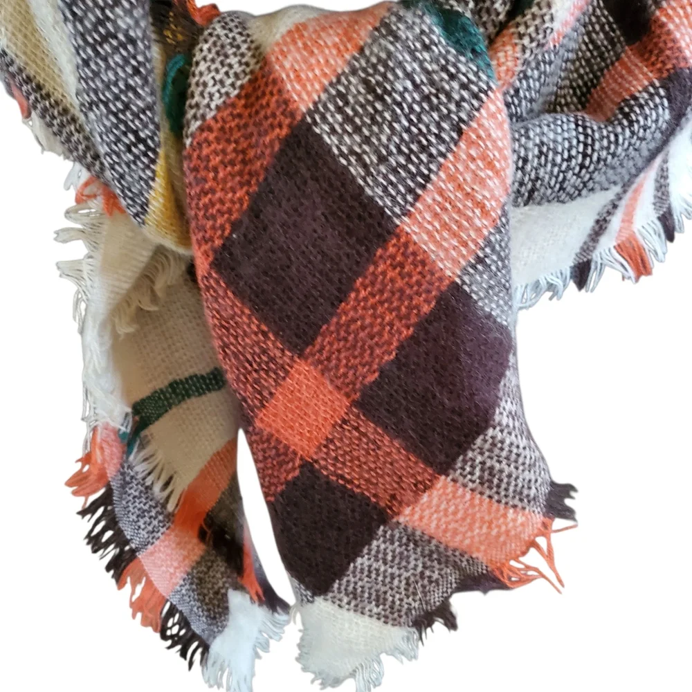 Tartan Plaid Blanket‎ Scarf Shawl Wrap Orange Ivory Dark Brown Cozy Cottagecore